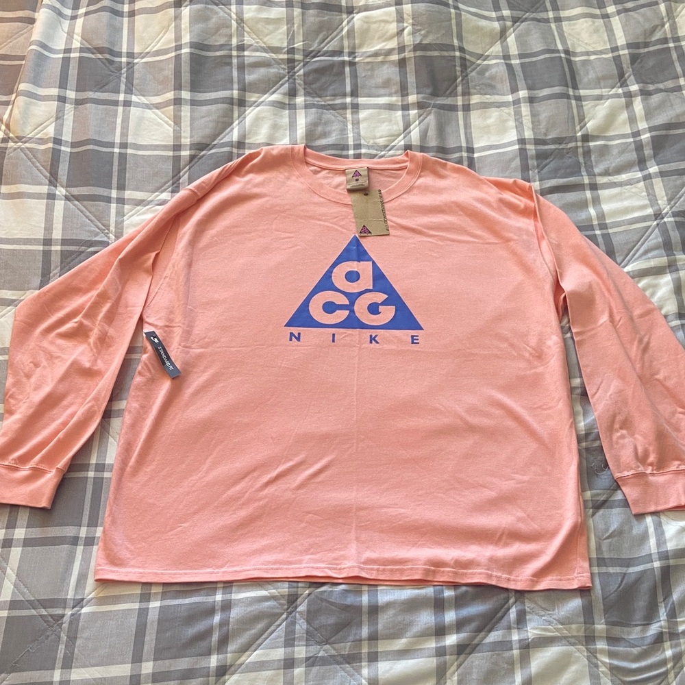 Nike Coral Pink Long Sleeve ACG Logo Tee with Blue Graphic